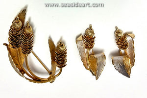 Leaves and Cattails Brooch/Pin & Earrings Matching Set