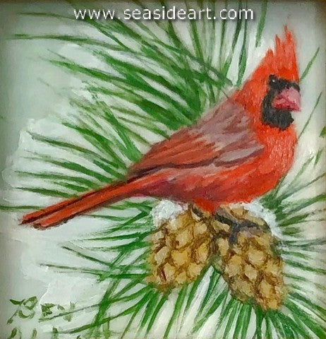 Cardinal with Two Pine Cones