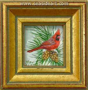 Cardinal with Two Pine Cones