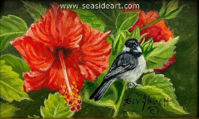 Carolina Chickadee & Red Hibiscus