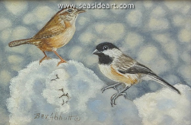 Carolina Wren and Carolina Chick-a-Dee on a Snowy Mound