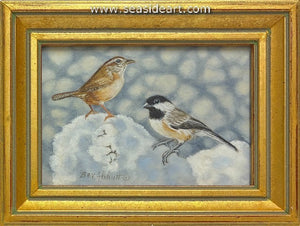 Carolina Wren and Carolina Chick-a-Dee on a Snowy Mound