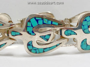 Vintage Sterling Silver & Turquoise Mosaic Bracelet-Gato de Taxco