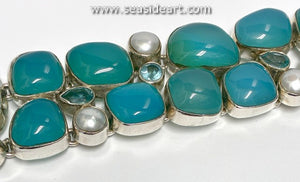 Sterling Silver Bracelet with Chalcedony, Blue Topaz & Pearls