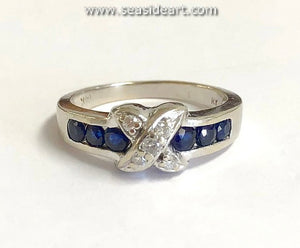 14K White Gold Ring with Natural Sapphires and Natural Diamonds