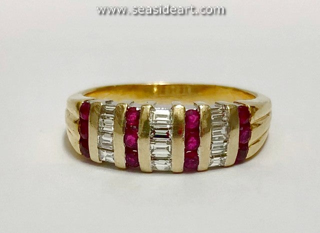 Natural Ruby and Natural Diamond-18K Yellow Gold Unisex Ring -10 1/2