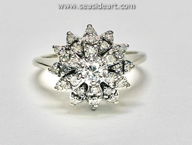 14K White Vintage Princess Style Cluster Ring with Natural Diamonds