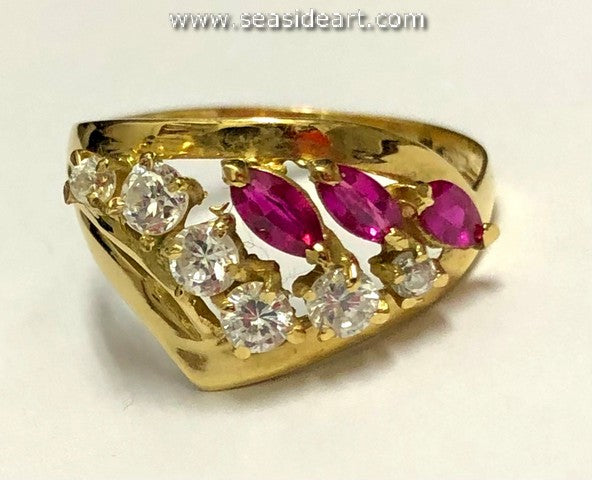 Synthetic Cubic Zirconia & Synthetic Ruby Ring-18K Yellow Gold