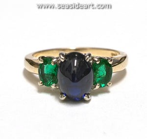 14K Two-tone Gold Ring with Natural Sapphire and Natural Emeralds