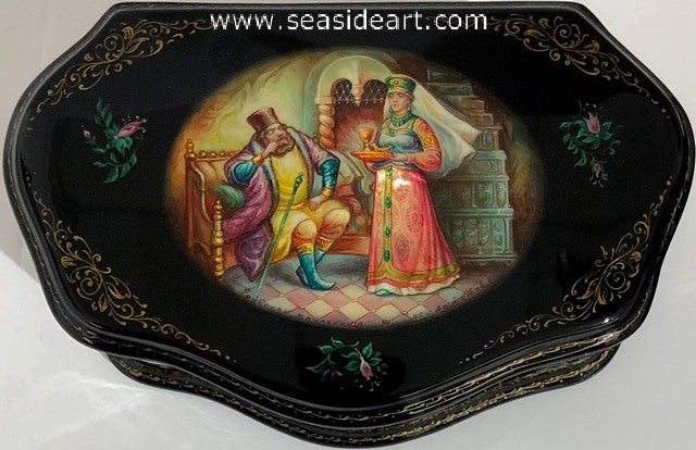 Vintage Black Lacquered Russian Box-"A Ritual Kiss"