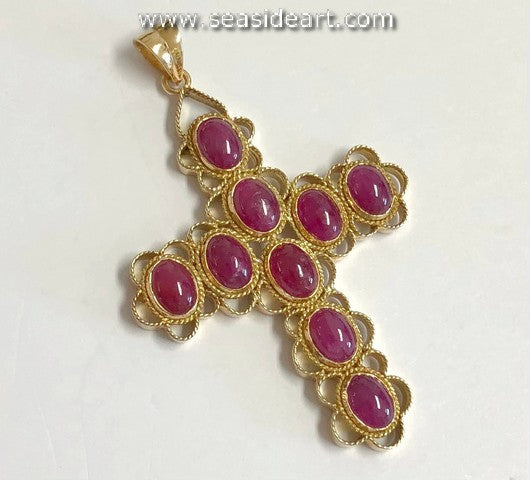 18k Yellow Gold Natural Ruby Cabochon Ornate Cross Pendant