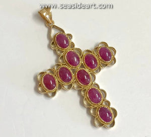 18k Yellow Gold Natural Ruby Cabochon Ornate Cross Pendant