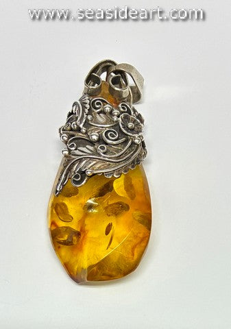 Large Amber Pendant in Silver Floral Design