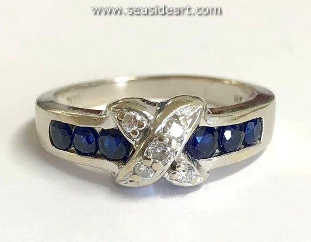14K White Gold Ring with Natural Sapphires and Natural Diamonds
