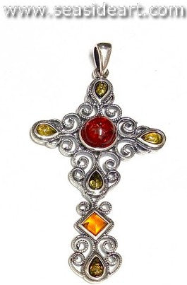 Sterling Silver Cross Pendant with Amber