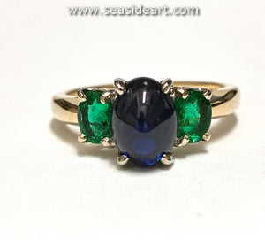 14K Two-tone Gold Ring with Natural Sapphire and Natural Emeralds