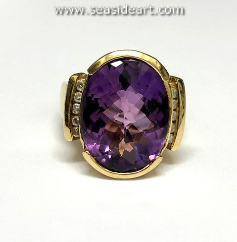 14K Yellow Gold Lady's Ring-Natural Amethyst and Diamonds