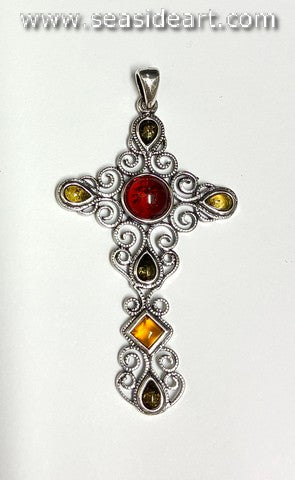 Sterling Silver Cross Pendant with Amber