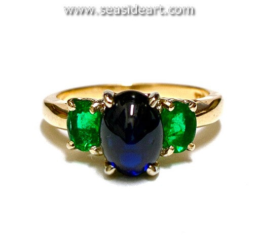14K Two-tone Gold Ring with Natural Sapphire and Natural Emeralds