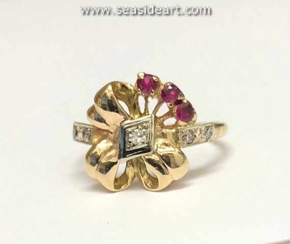 14K Two-tone Gold Natural Diamond & Synthetic Ruby Ring