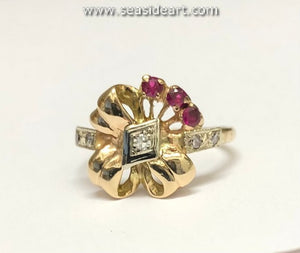 14K Two-tone Gold Natural Diamond & Synthetic Ruby Ring