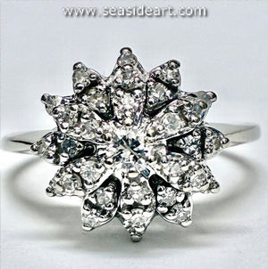 14K White Vintage Princess Style Cluster Ring with Natural Diamonds