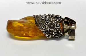 Large Amber Pendant in Silver Floral Design