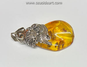 Large Amber Pendant in Silver Floral Design