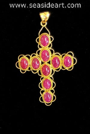 18k Yellow Gold Natural Ruby Cabochon Ornate Cross Pendant