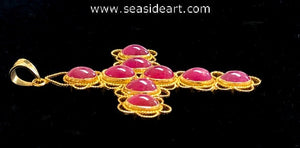 18k Yellow Gold Natural Ruby Cabochon Ornate Cross Pendant