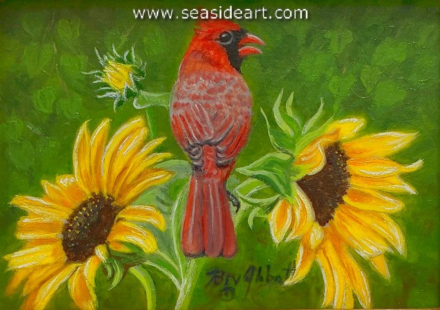 Magic Moment (Cardinal on Two Sunflowers)