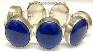 Vintage Sterling Silver Link Bracelet with Lapis Lazuli Cabochons-Mexico