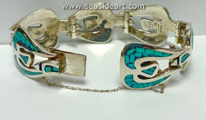 Vintage Sterling Silver & Turquoise Mosaic Bracelet-Gato de Taxco