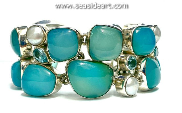 Sterling Silver Bracelet with Chalcedony, Blue Topaz & Pearls