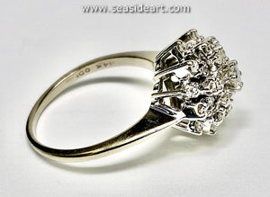 14K White Vintage Princess Style Cluster Ring with Natural Diamonds