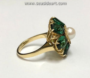 Natural Tourmalines and Cultured Pearl 14K Yellow Gold Ring