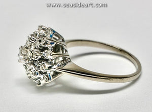 14K White Vintage Princess Style Cluster Ring with Natural Diamonds