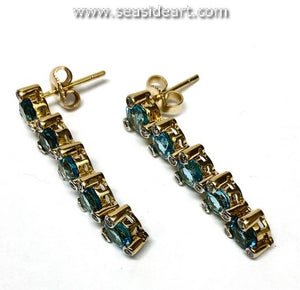 18K Yellow Gold Dangle Earrings-Diamond & Blue Topaz