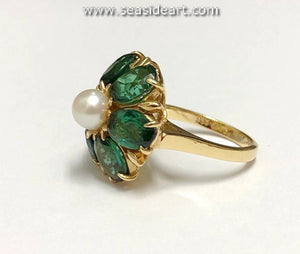 Natural Tourmalines and Cultured Pearl 14K Yellow Gold Ring