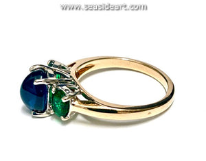 14K Two-tone Gold Ring with Natural Sapphire and Natural Emeralds