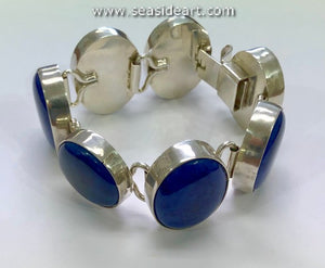 Vintage Sterling Silver Link Bracelet with Lapis Lazuli Cabochons-Mexico