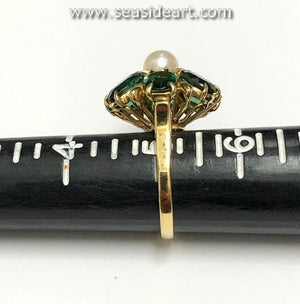 Natural Tourmalines and Cultured Pearl 14K Yellow Gold Ring