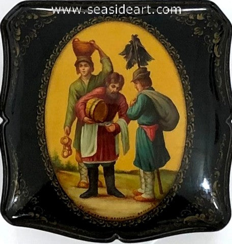 Vintage Black Lacquered Russian Box-"Carrying Water"