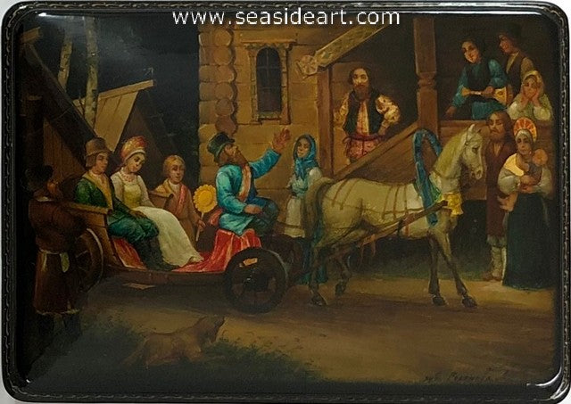 Vintage Black Lacquered Russian Box-"A Peasant Wedding"