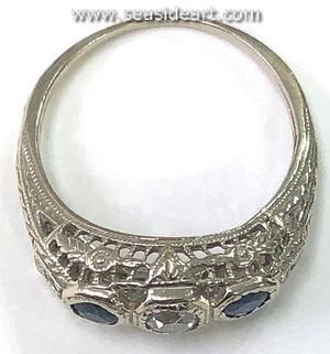Lady's 14K White Gold Vintage Ring with Diamonds and Sapphire
