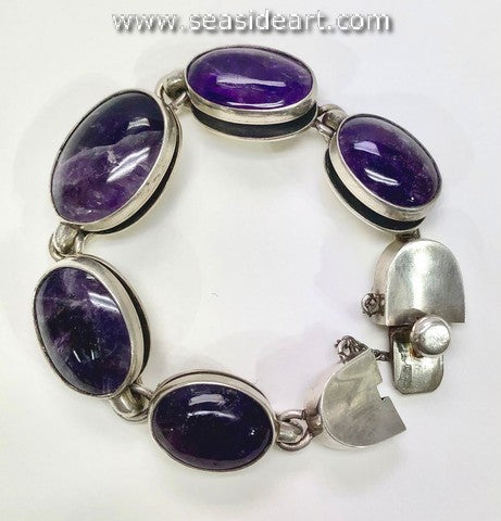 Vintage Sterling Silver Bracelet with Oval Amethyst Cabochons-Antonio Pineda