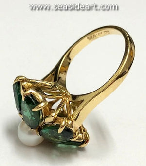 Natural Tourmalines and Cultured Pearl 14K Yellow Gold Ring