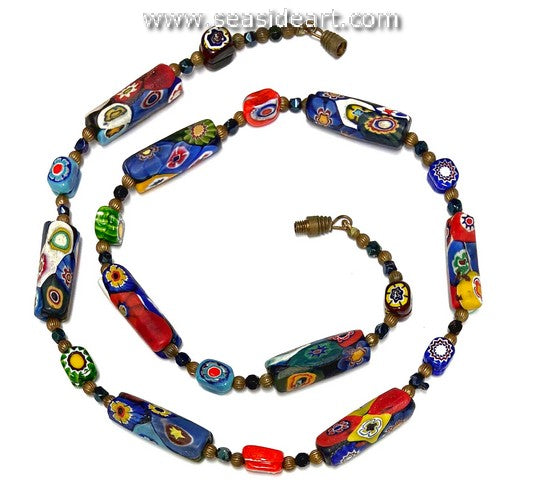 Vintage Venetian Millefiori Rectangular Glass Beaded Necklace