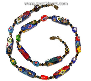 Vintage Venetian Millefiori Rectangular Glass Beaded Necklace