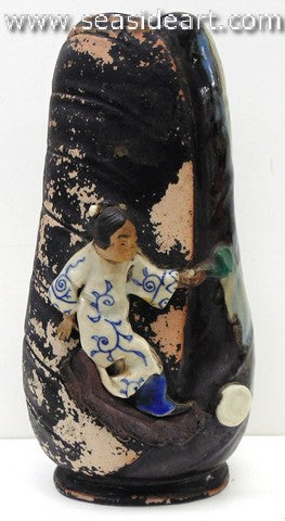 19/20th C  Black & Beige Vase with Woman with Paddle